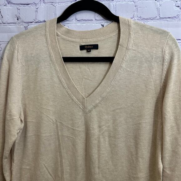 Quince Women's V-Neck Sweater Organic Cotton Cashmere Medium Beige Soft - Picture 2 of 7